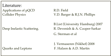 Literature:
Applications of pQCD                       R.D. FieldCollider Physics                                  V.D. Barger & R.J.N. PhillipsC++/ROOT (Tutorial)            B.List (University Hamburg) 2007Deep Inelastic Scattering.                  R. Devenish & A. Cooper-SarkarHandbook of pQCD                 G. Sterman et alMonte Carlo Tutorial            J. Vermaseren (Nikhef) 2008Quarks and Leptons                           F. Halzen & A.D. MartinQCD and collider physics       R.K. Ellis & W.J. Stirling & B.R. Webber
