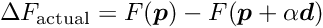 \begin{equation*} \D F_{\textrm{actual}} = F(\Vek{p}) - F(\Vek{p}+ \alpha \Vek{d}) \end{equation*}