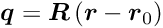 \begin{equation*} \Vek{q} = \Vek{R} \left( \Vek{r} - \Vek{r}_0 \right) \end{equation*}