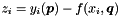 $z_i = y_i(\Vek{p}) - f(x_i,\Vek{q})$